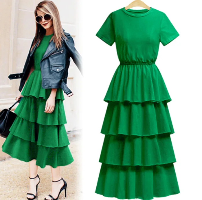 

Short sleeve solid color elastic waist cake skirt