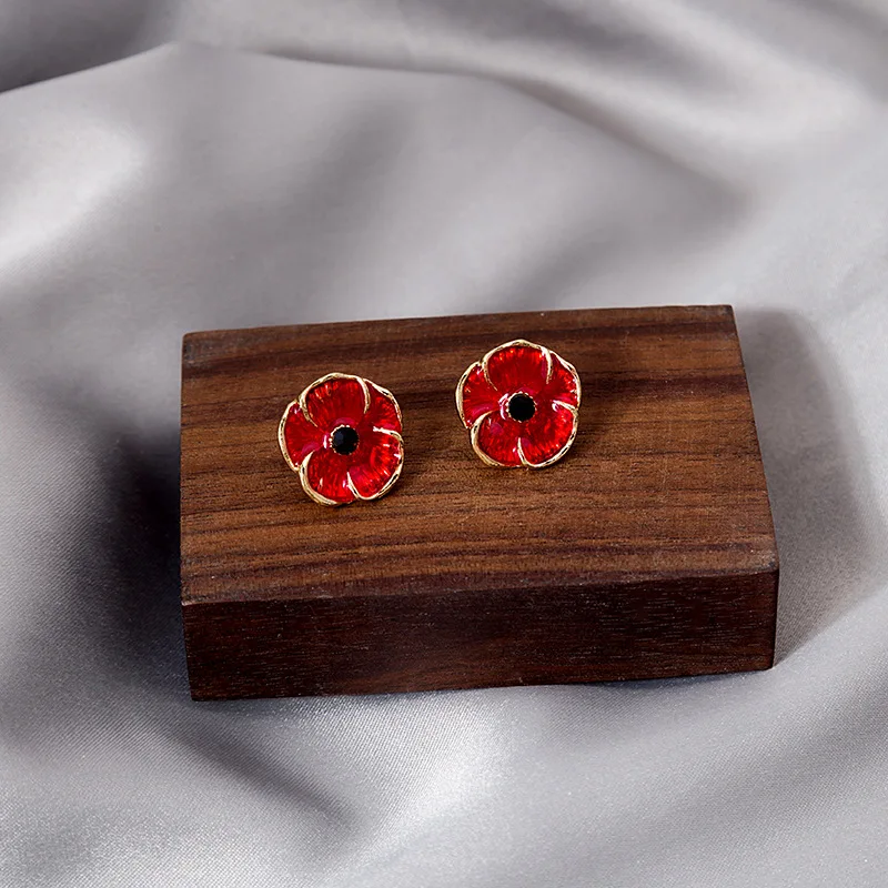 

VSnow Vintage Cute Red Enamel Poppies Stud Earrings for Women Gold Color Alloy Shiny Rhinestone Small Flower Earrings Jewelry