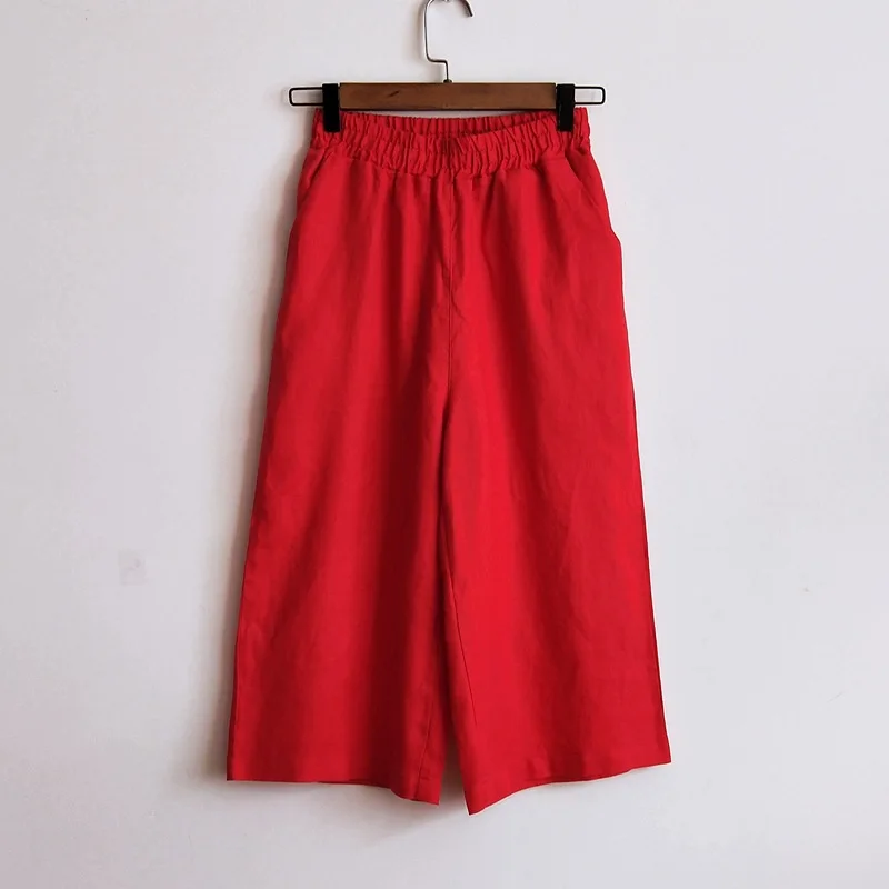 

2021 New Linen Casual Women Soft Calf-Length Pants Women Summer Wide Leg Pants Elastic Waist Pockets Loose