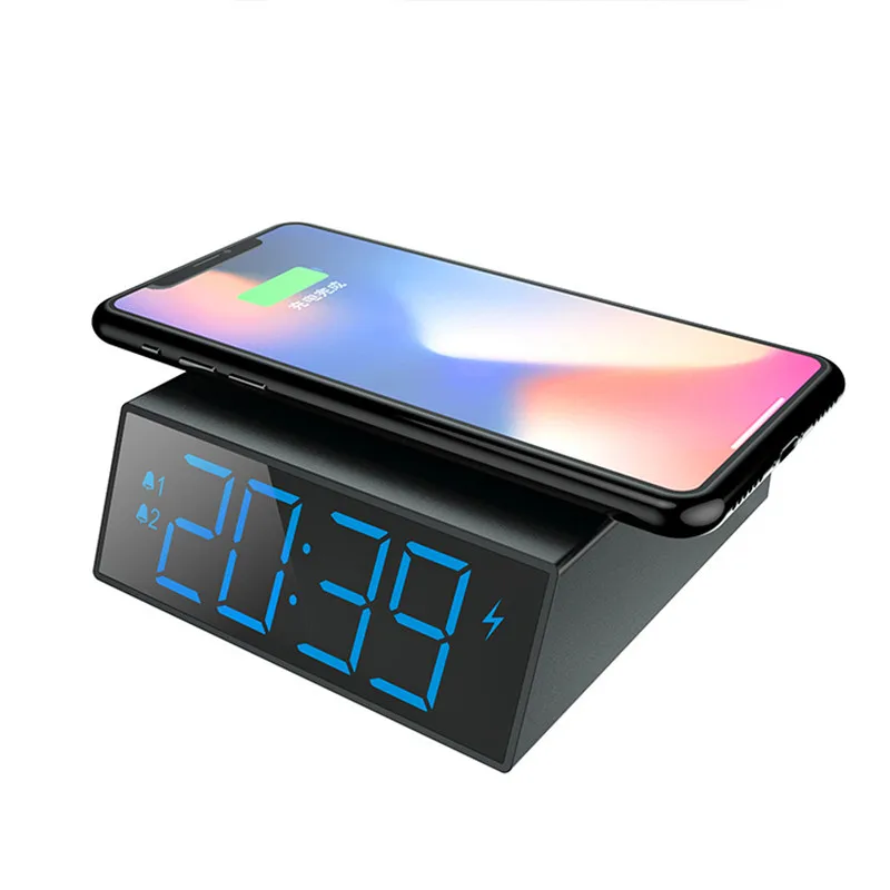 

DIgital LED alarm clock with10W wireless fast charging Desktop snooze electronic alarm clock 12/24 hours display clock