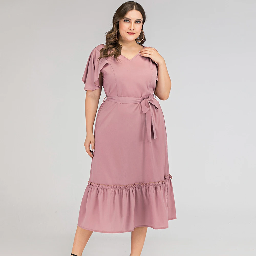 Женское платье с оборками Siskakia розовое средней длины V образным вырезом и