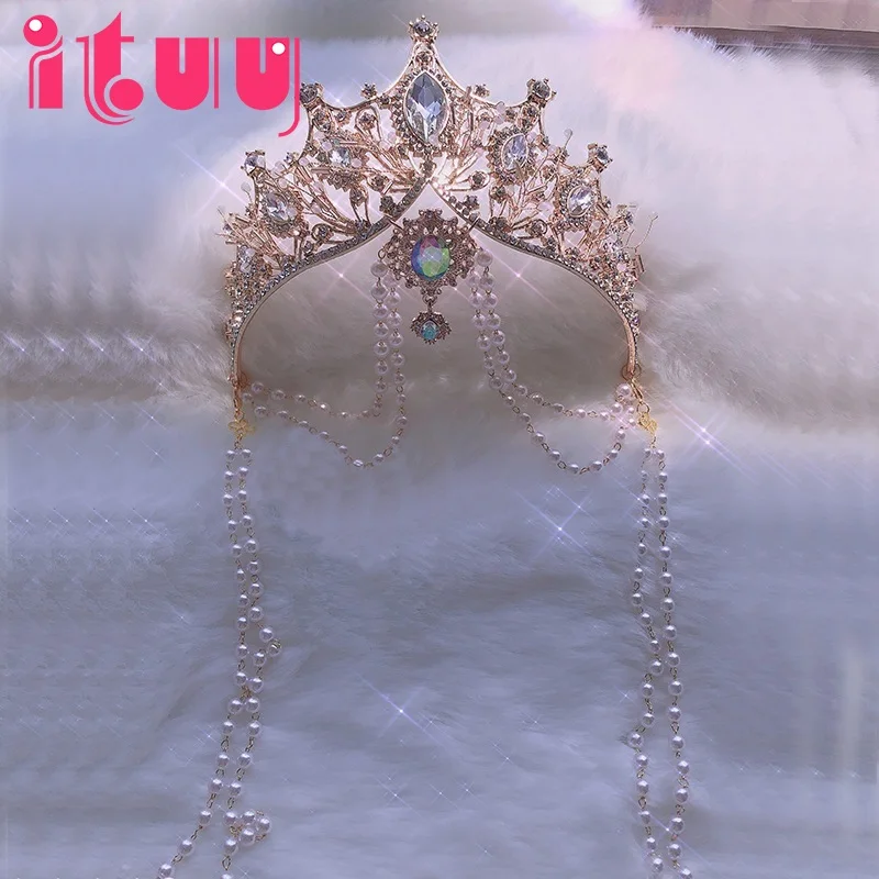 

Halo Crown Lolita Princess Gold Black Crown Headpiece Queen Pope Gothic Gorgeous Bead Chain Pendant Hair Accessories Headdress