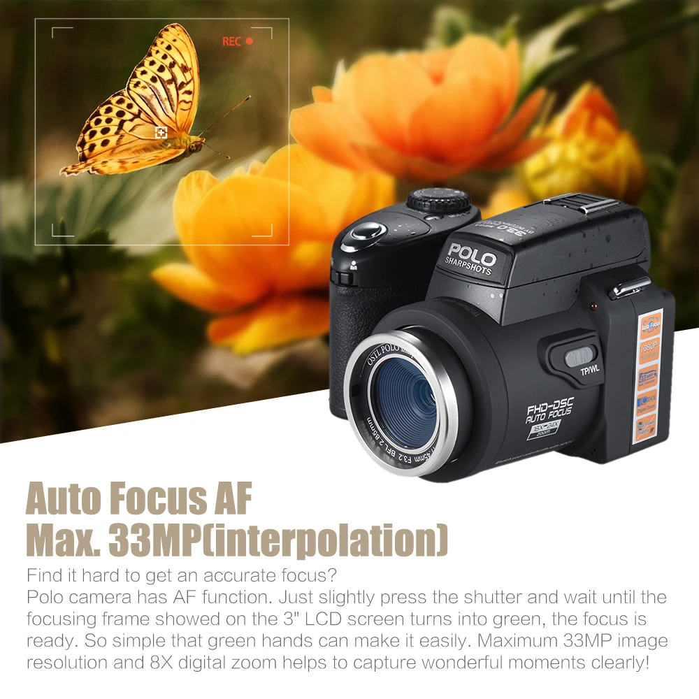 

New 33MP 1080P FHD Christmas Gift Auto Focus AF 8X Zoomable Digital Camera W/Standard+0.5X Wide Angle+24X Telephoto Lens 3.0"LCD