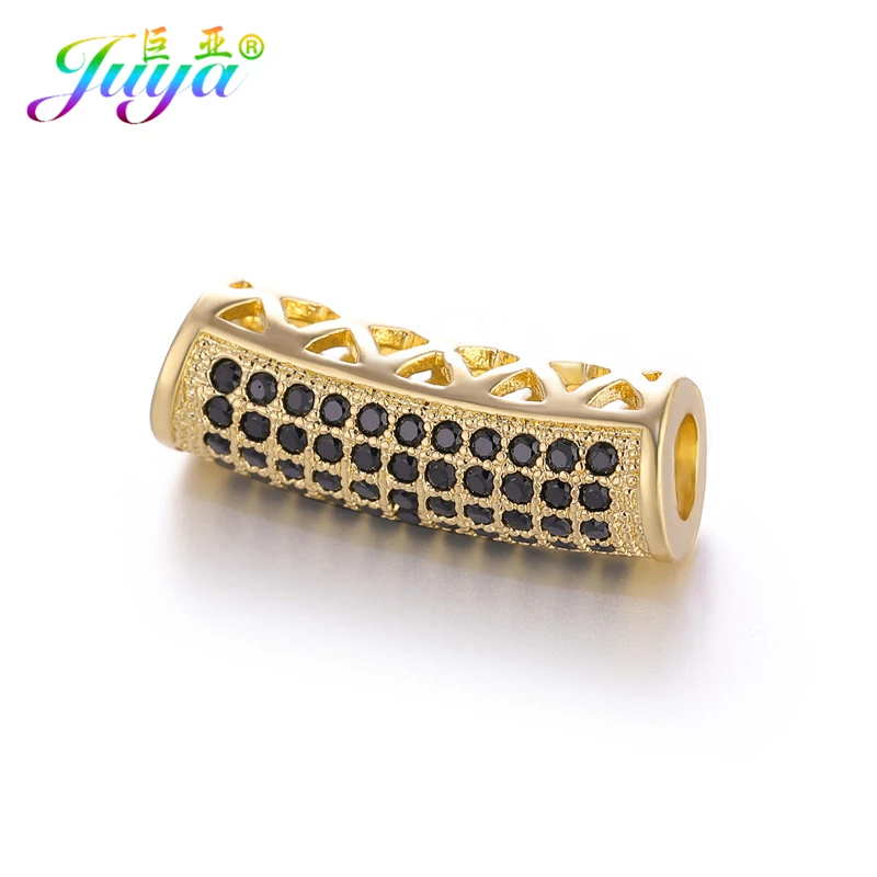 Gold Black Juya DIY золотые/серебряные/розовые золотые разделительные бусины, поставки, микро проложенные циркониевые изогнутые трубчатые бусины для изготовления ювелирных изделий из натурального камня и жемчуга - Цвет: Gold Black