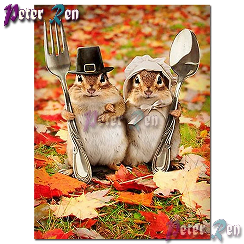 

animal Diamond Embroidery Couple mouse holding spoon and fork Square round Mosaic Cross stitch Rhinestone Art Decoration Gifts