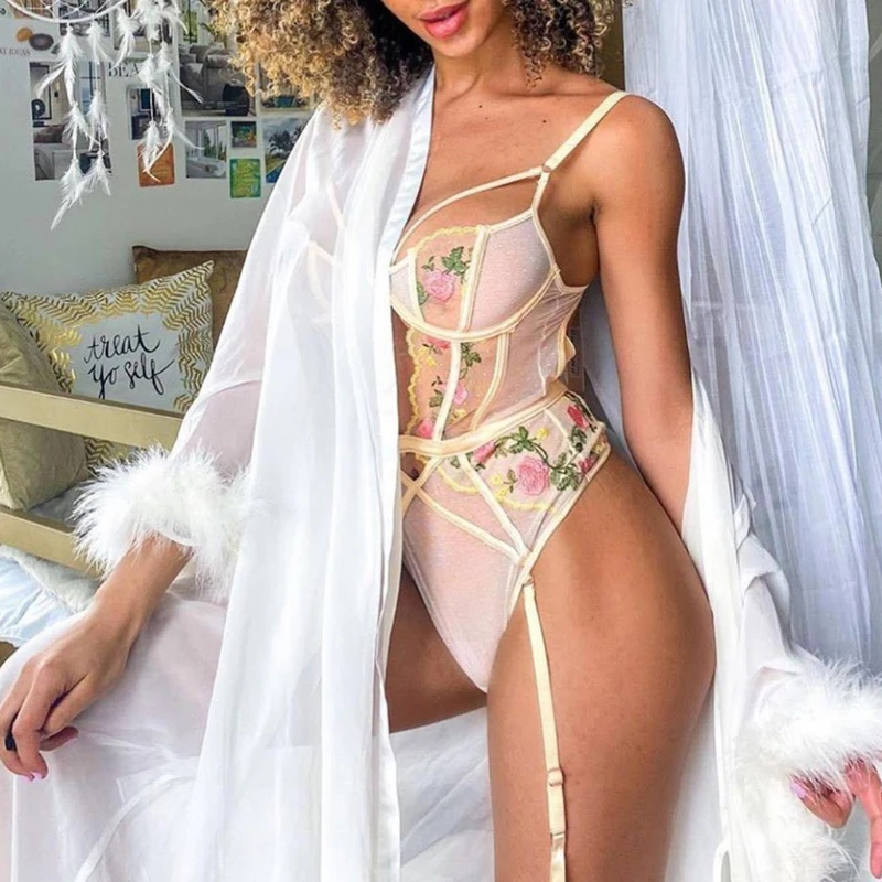 

Women Sexy Sheer Mesh Lingerie Bodysuit with Garter Belt Embroidery Floral Hollow Front One-Piece Underwear Backless M7DD