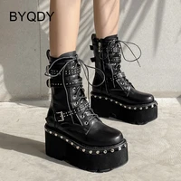 byqdy autumn winter womens platform goth boots vintage rivets night club lady shoes round toe thick heels female short boots