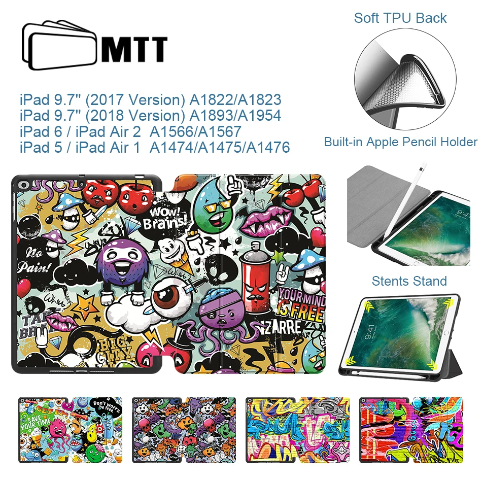 MTT для iPad 9,7 дюймов, чехол для планшета с принтом граффити, ТПУ, кожаный смарт-чехол для iPad 5/6, Air 1, 2, Автоматический Режим сна/пробуждения, защитный чехол