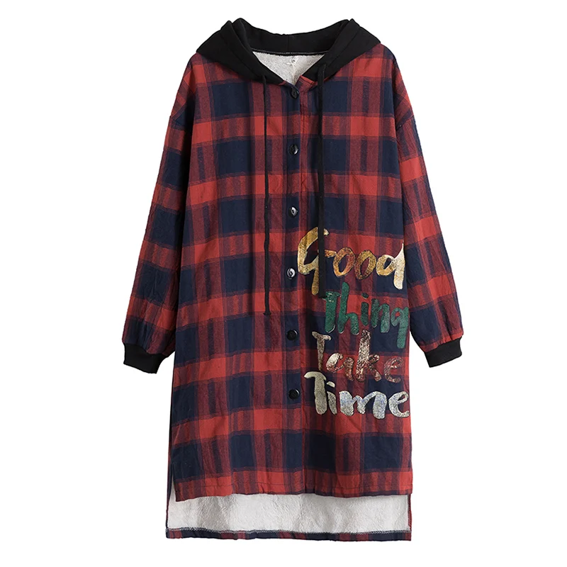 Осень зима 2019 женское длинное плотное красное клетчатое пальто из хлопка с