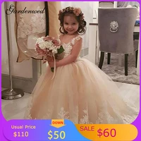 champagne ball gown flower girl dresses o neck ivory lace appliques little girl wedding party dress long tulle communion dresses