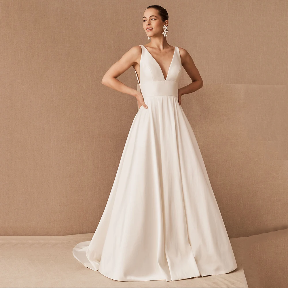 

Robe De Mariée Sexy Deep V Neck Bohemian A Line Wedding Dress Bridal Gown Vintage Satin Backless Cap Sleeve Sweep Train