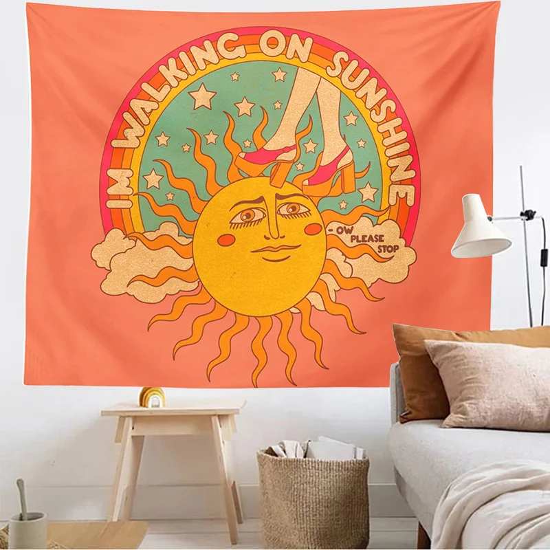 

Sun Tapestry Wall Hanging 80S Rainbow Decor Fabric Retro Sun Flowers Home Bedroom Decoration Vintage Hippie Background Cloth