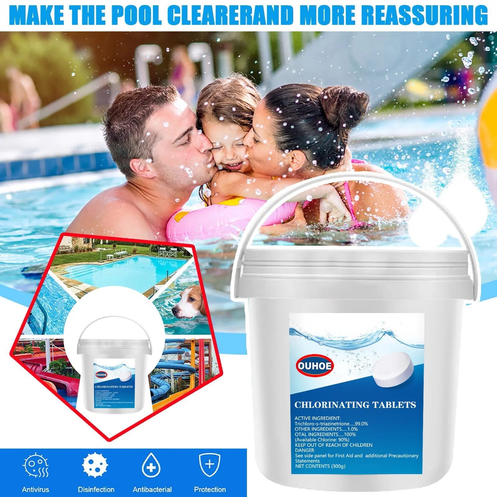 

Таблетки для очистки бассейна 100 шт., таблетки для дезинфекции, очиститель химического хлора, таблетки для мгновенной очистки воды, дезинфек...