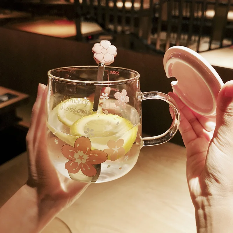 500 мл Сакура стеклянная кружка с крышкой вишневая чашка цветок чайная прозрачное