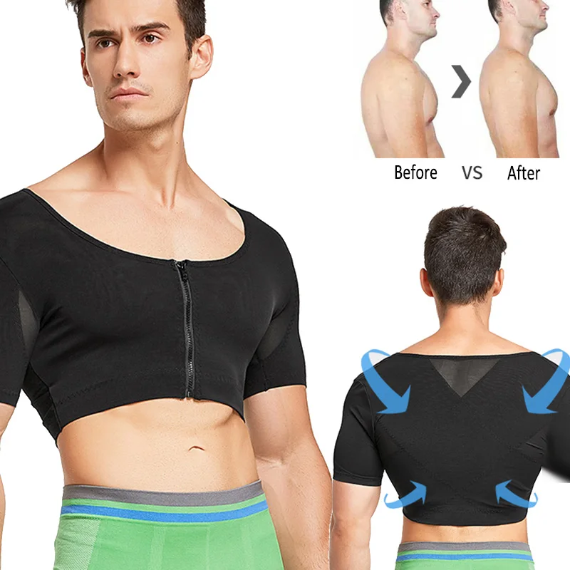 Fashion Mens Slimming Body Shaper Shapewear Chest Compression Shirt Workout Tops Undershirts Zipper Cross Back Tights T-Shirt |