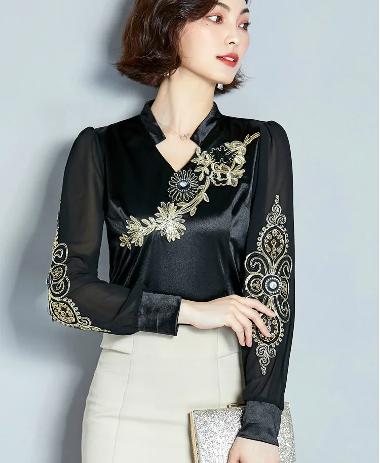 Женская атласная футболка с длинным рукавом и V образным вырезом