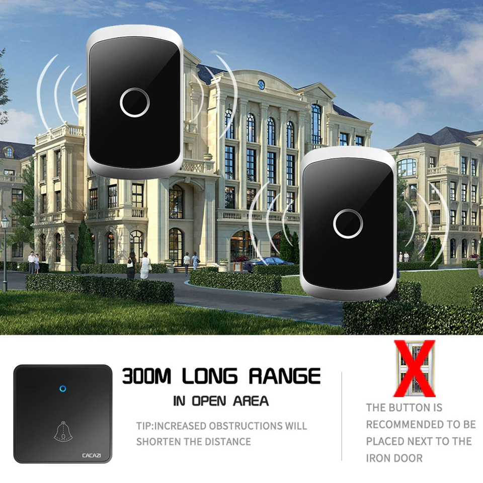 Беспроводной дверной звонок CACAZI водонепроницаемый с дистанционным управлением