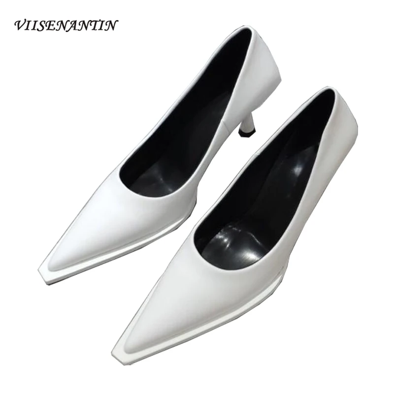 

2020 Spring New High Heel Single Shoes Thin Heel Slip on Black White Pointy Toe Dress Shoes Designer Runway Sapatos Mujer