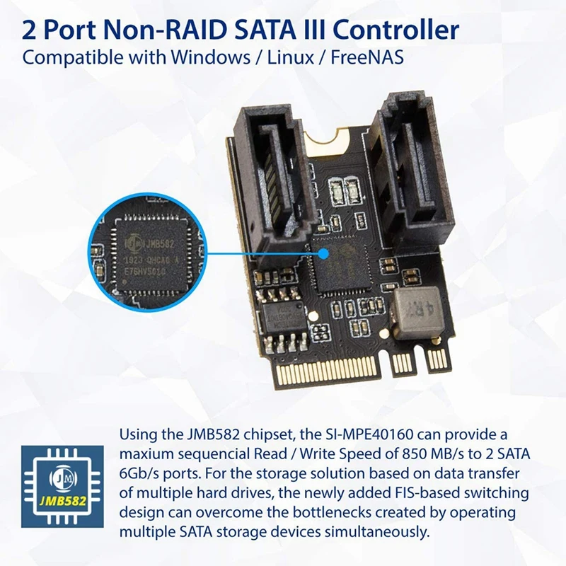 IOCREST M.2 NGFF To Sata3 Adapter Card A-Key + E-Key 2 Ports SATA 6Gb/S Free Driver Pcie 3.0 Bus For Wifi SSD HDD PC Black | Электроника