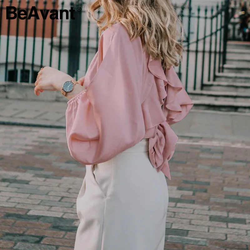 

BeAvent sexy long batwing sleeve women blouse Pink backless bowknot solid blouse Lady high fashion autumn 2020 streetwear tops