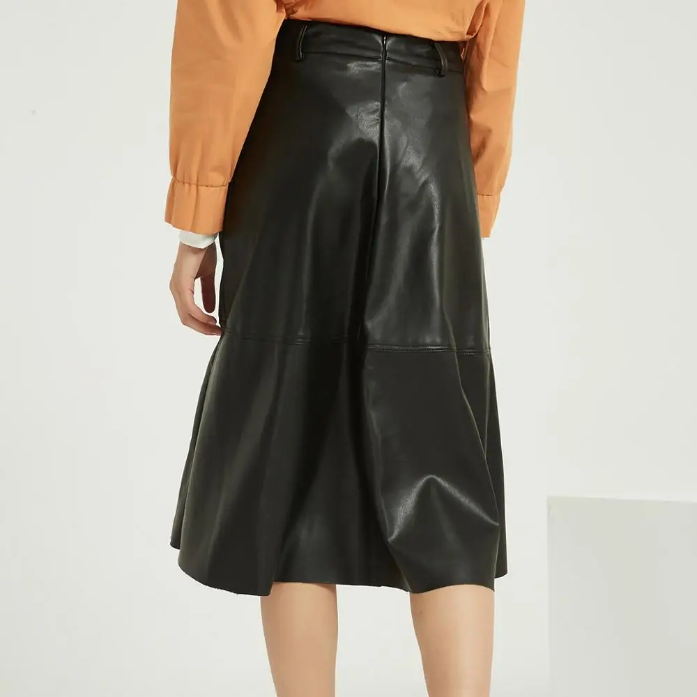 Юбка трапециевидная из искусственной кожи с высокой талией Осень-зима | Женская