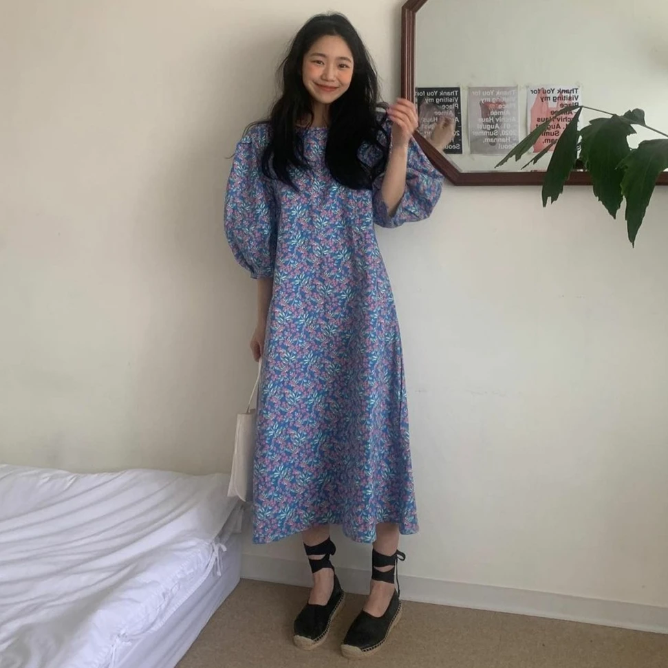 

Korean Chic French Minority Spring/Summer Dress Fresh Oil Painting Floral Loose Artistic Mid-Length Elegant Dress