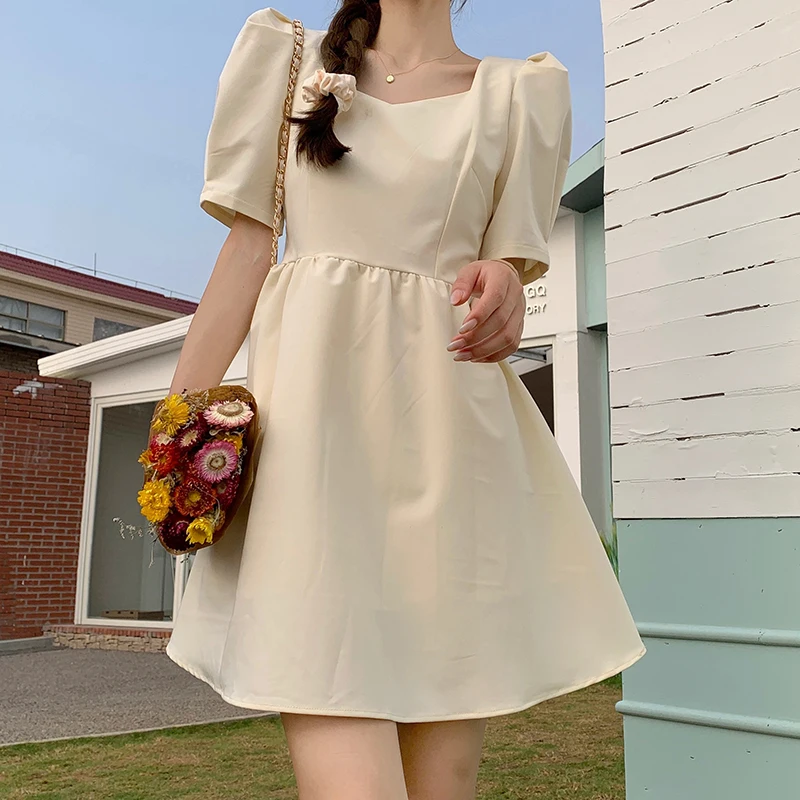 

Cute Bow Mini Dress Womena Puff Sleeve Square Collar Backless Dresses Female Elegant Party Dress vestidos