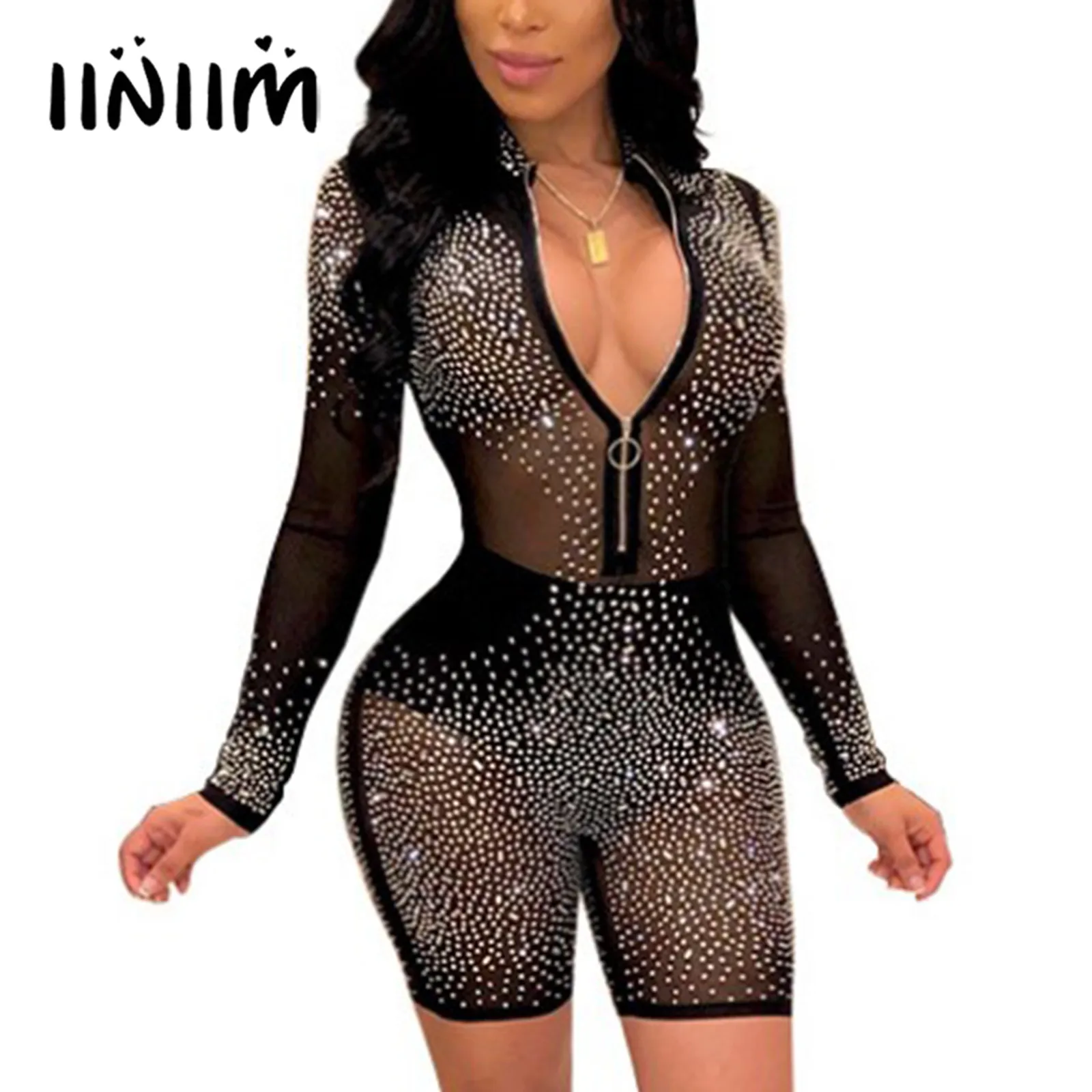 

Women See-through Mesh Zipper Bodysuit for Figure Ice Skating Rave Party Clubwear Shiny Sparkling Long Sleeve Sheer Jumpsuit