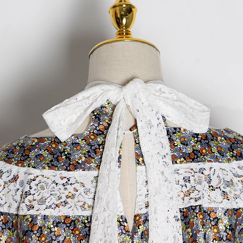 

GALCAUR Black Patchwork Lace Printed Dress Female Bat Long Sleeve High Waist Lace Up Midi Dresses Women Clothes 2020 Autumn New