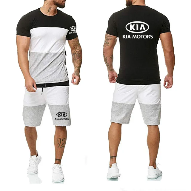 

New Fashion Summer Men T-Shirts KIA Motors Car Logo Print Shor Sleeve Casual Cotton Round Collar Men T-shirt+shorts 2pcs suit