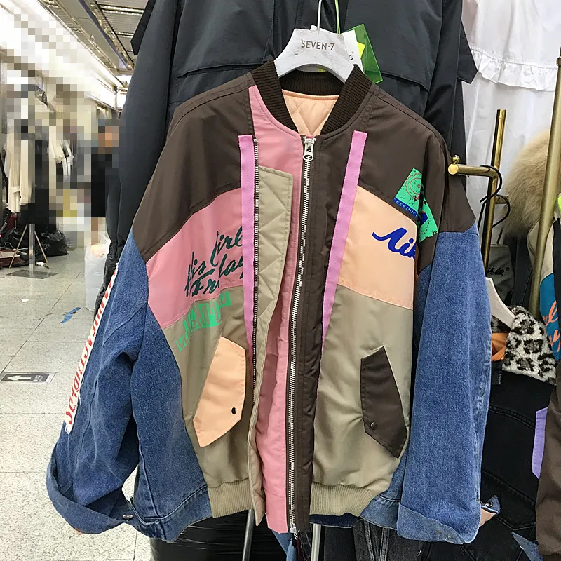 

Women Jackets Patchwork Denim Print Cotton Padded Clothes 2020 Winter Thickened Minimalist Stand Collar Long-sleeved