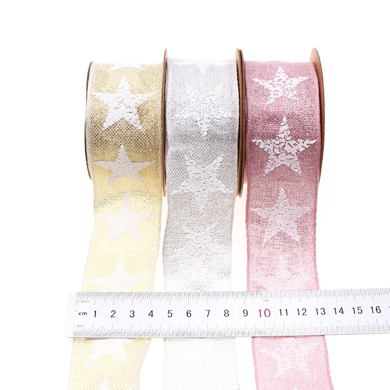 Рождественская хлопчатобумажная лента 38 мм с розовым/серебряным блеском принтом