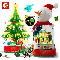 sembo christmas tree theme rotating music box building blocks city friends snow house bricks santa claus toys for children xmas