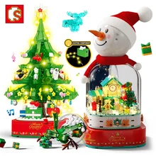SEMBO Christmas Tree Theme Rotating Music Box Building Blocks City Friends Snow House Bricks Santa Claus Toys For Children Xmas