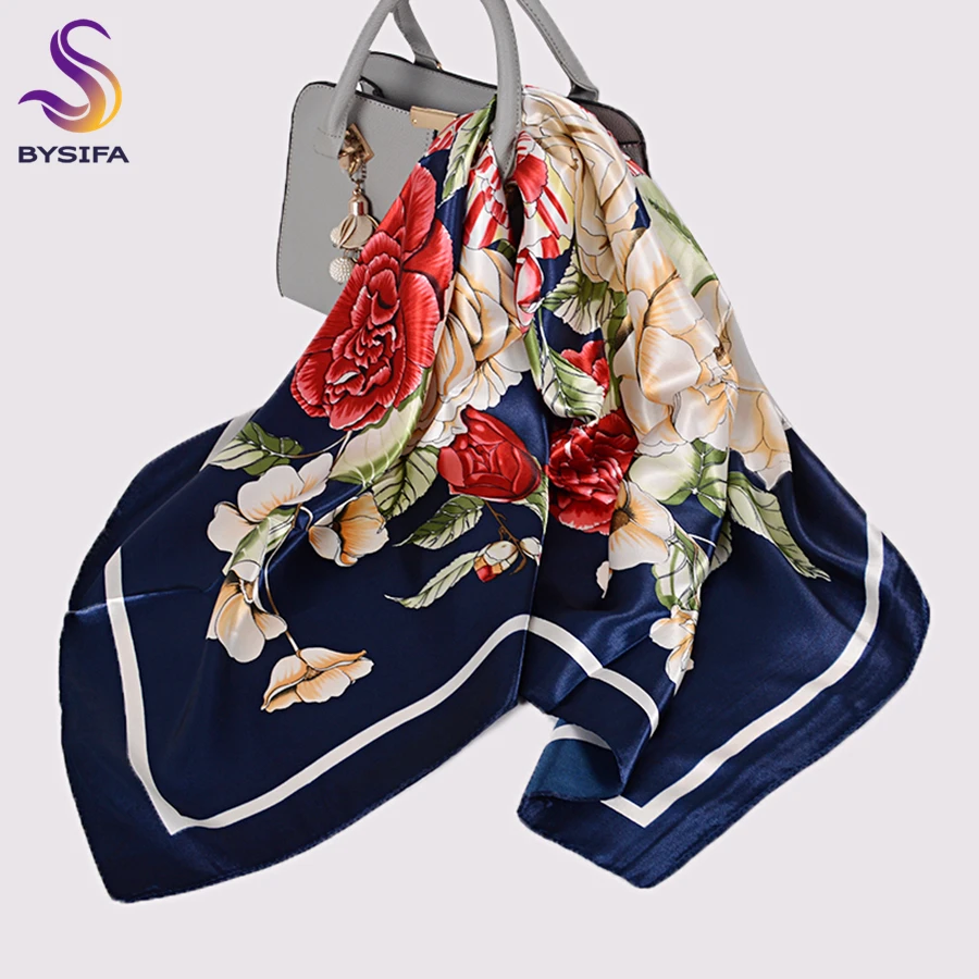 [BYSIFA] женский шелковый шарф шаль с принтом китайские розовые темно-синие красные