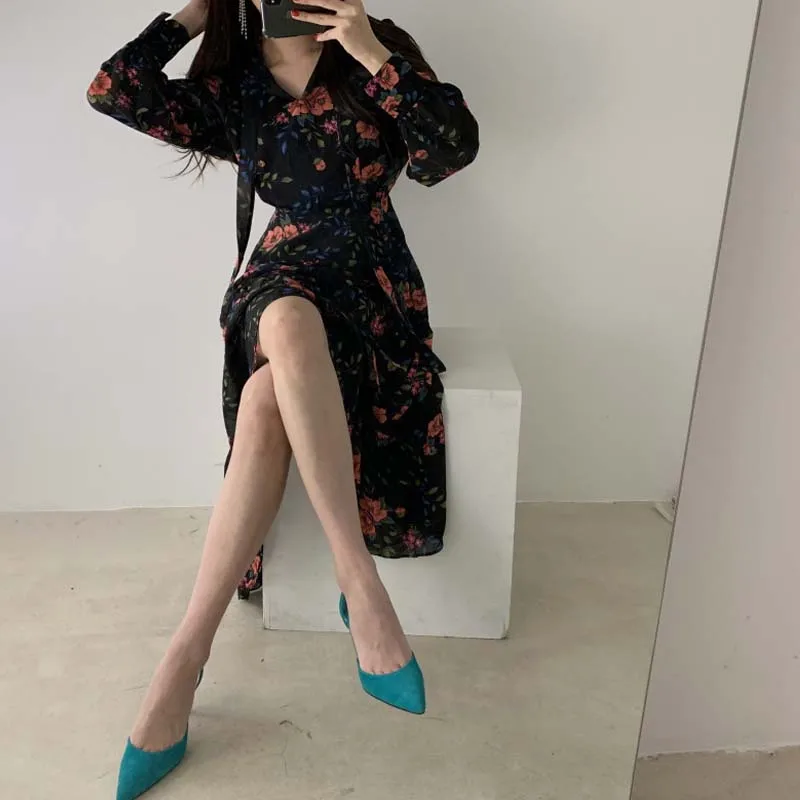 

Women Chic Retro Floral Dress Lace Splicing Receive Waist Thin Long-Sleeved Dress Chiffon Pleated Office Lady Autumn Dress 2020