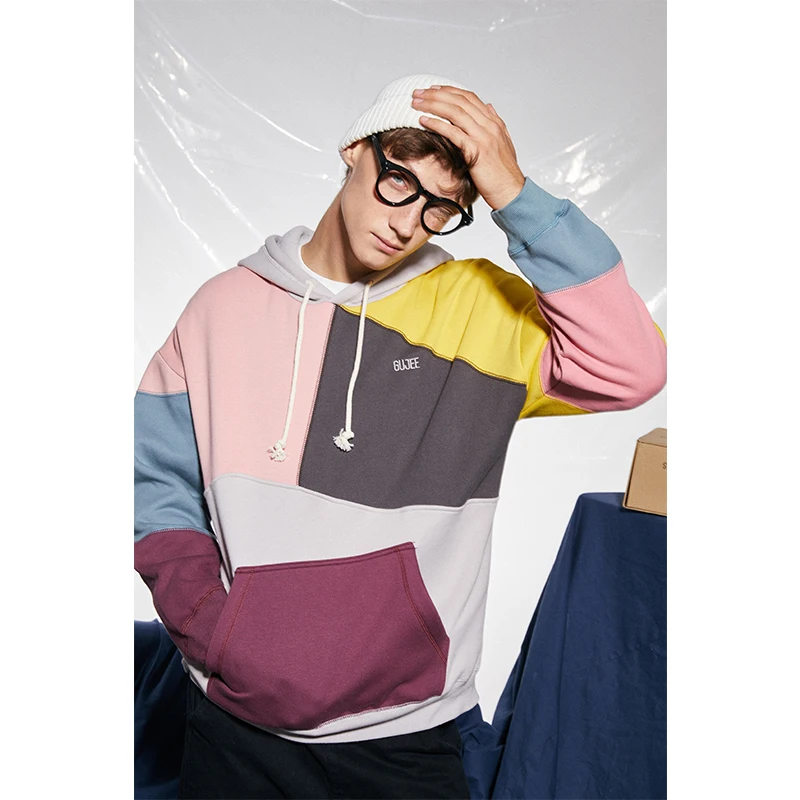 Свитер с капюшоном Мужские Цвет блока лоскутное Harajuku Толстовка уличная