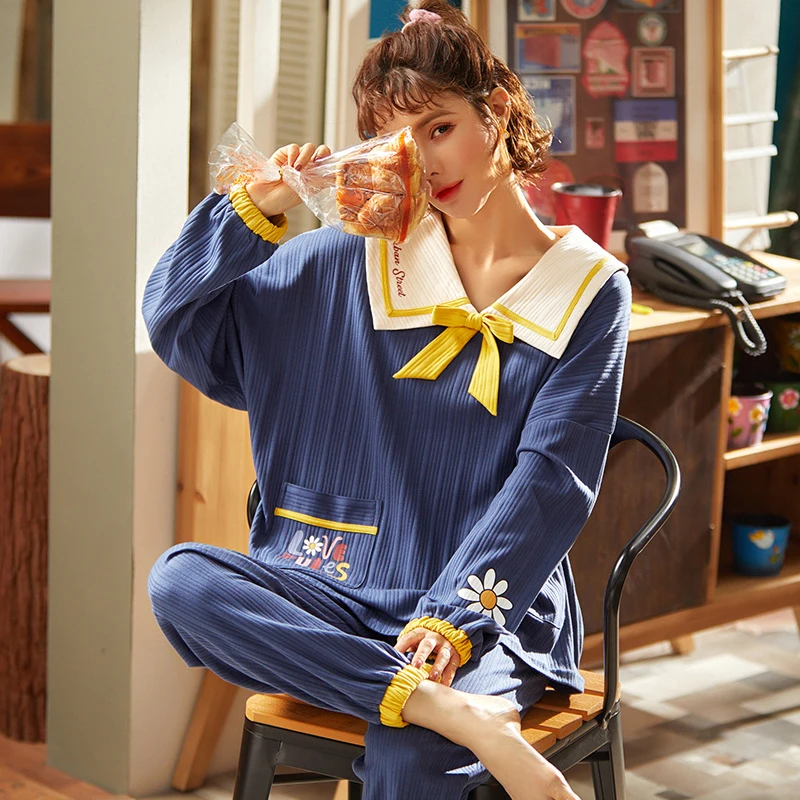Осень зима 2021 Пижама женский милый пижамный комплект с рюшами домашняя одежда