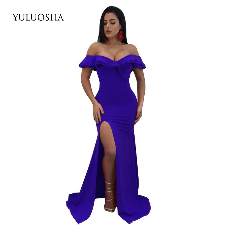 

YULUOSHA Elegant Sexy Evening Prom Dress V-Neck Floor-Length Ruffles A-Line Empire Vestidos De Fiesta Largos Elegantes De Gala