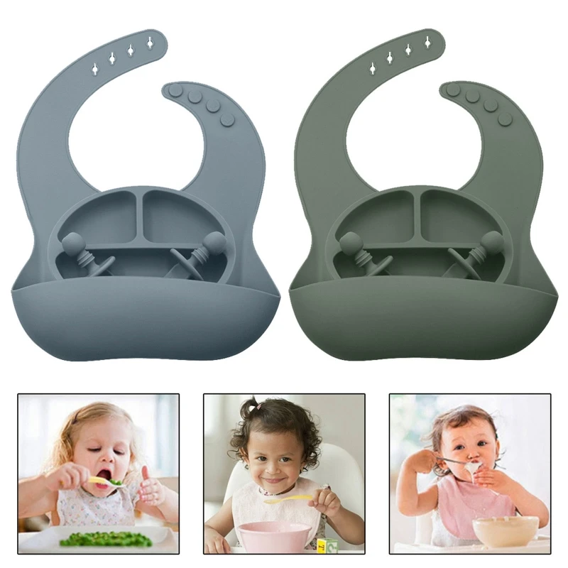 

4 Pcs Solid Colour Baby Silicone Plate Bowl Toddler Feeding Bowl with Bib Fork Spoon Portable Infant Dishes Tableware