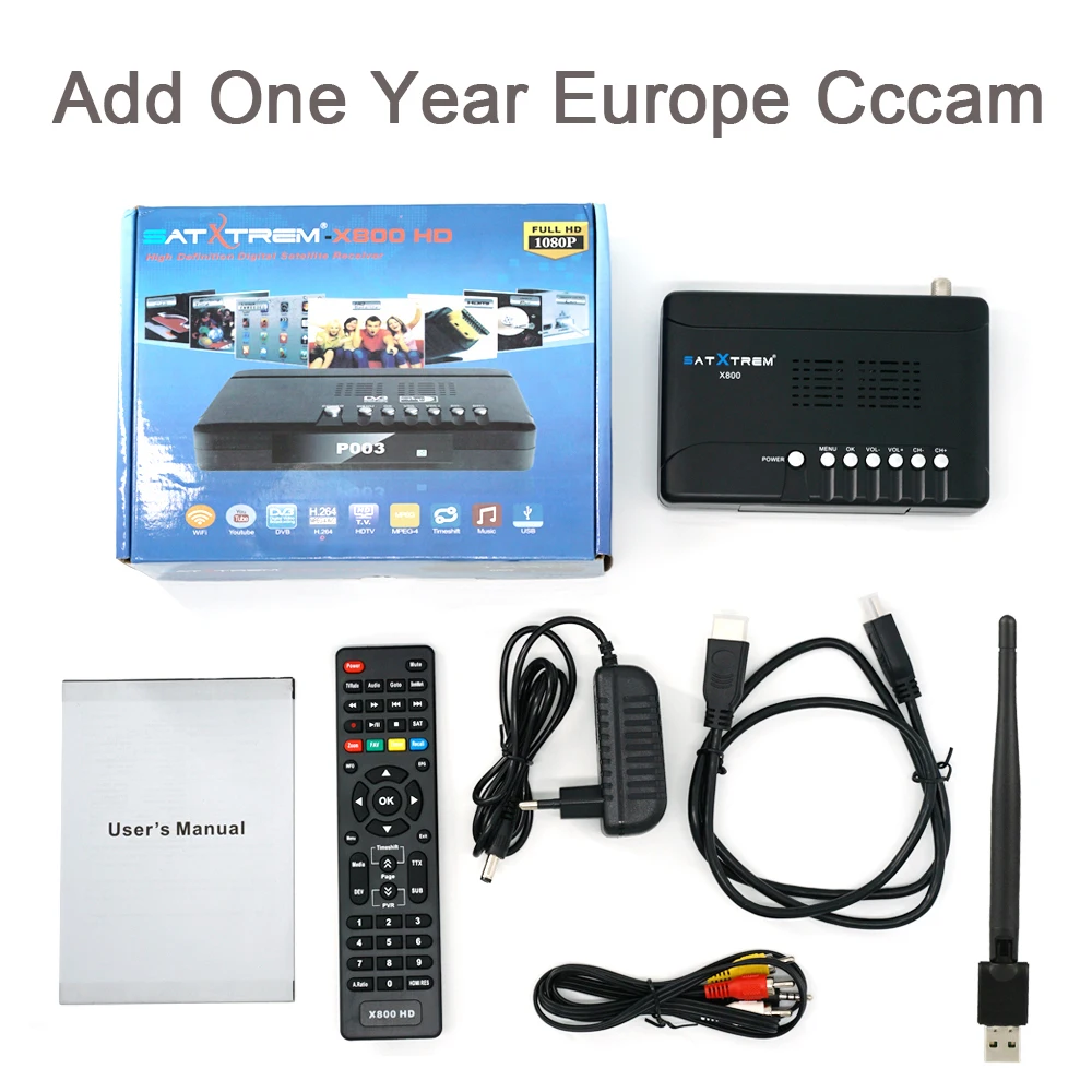 Satxtrem X800 HD цифровой спутниковый ресивер HD 1080P DVB-S/S2 Satelite Receptor+ USB WiFi 1 год Европа 8 нажатий ТВ-тюнер - Цвет: X800 HD N WiFi Cccam