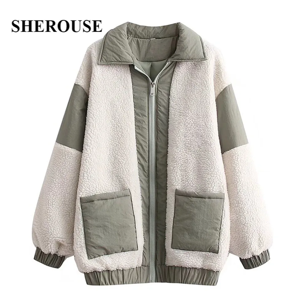 

Sherouse Fall Winter Women Fashion Contrast Faux Shearling Jacket Long Sleeves Lapel Collar Casual Woman Warm Coat Chic Outfit