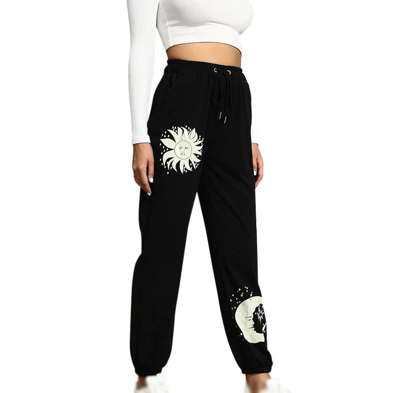 

Женские дышащие эластичные спортивные брюки с карманами, мешковатые штаны для бега с принтом Луны и звезд, тренировочные штаны с активным ш...