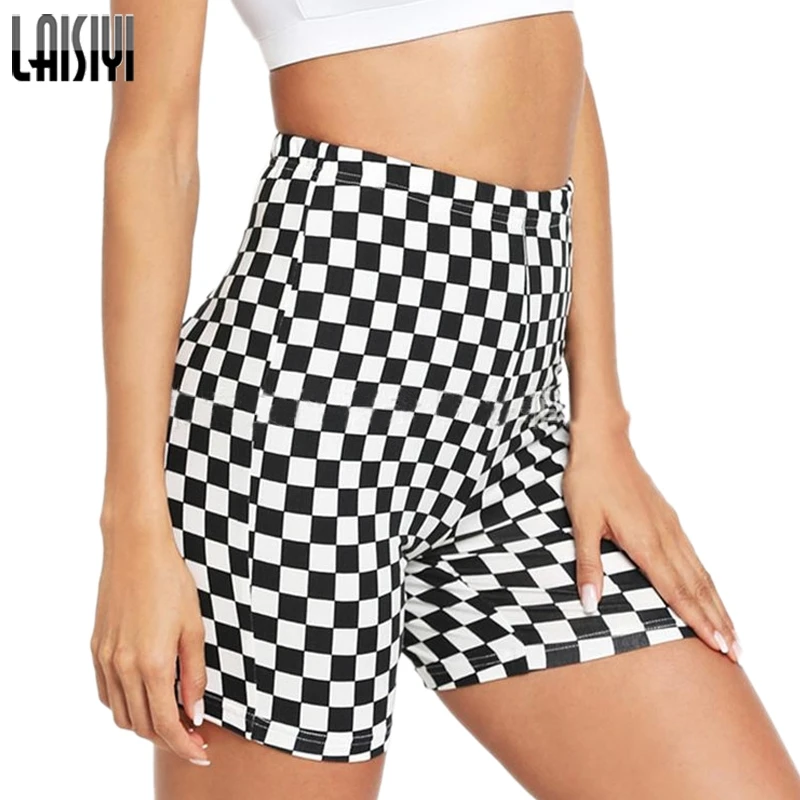 

LAISIYI Plaid Print Shorts Cotton Black and White Fashion High Waist Stretchy Shorts Women Summer Clothing Streetwear ASSH20092