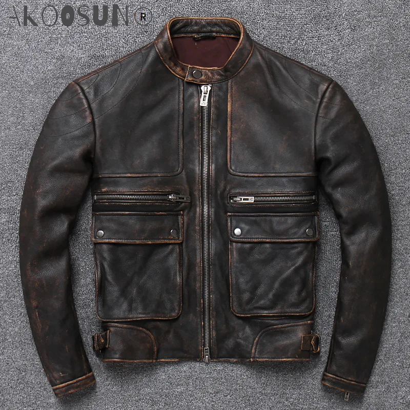 

Куртка мужская из натуральной кожи, потертый мотоциклетный жакет из первого слоя воловьей кожи, Ретро стиль, с воротником-стойкой