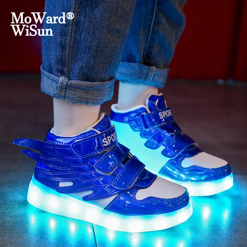 

Size 22-37 Children LED Shoes USB Charged Glowing Wings Sneakers With Light Up sole Luminous Lighted Shoes For Kids Boys Girls