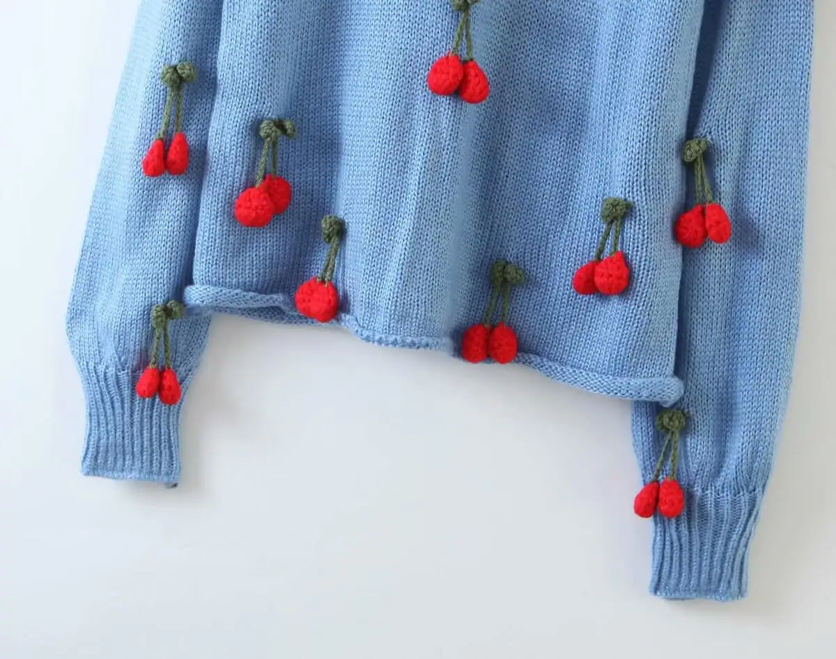 

Cherry Knitted Sweater Pullovers 2020 Fall Winter Women Round Neck Long Sleeve Knit Streetwear Sweater