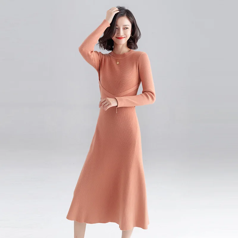 Оранжевый INNASOFAN knitted dress women Autumn Winter long-sleeved dress Euro-American fashion chic dress solid color - Цвет: Оранжевый