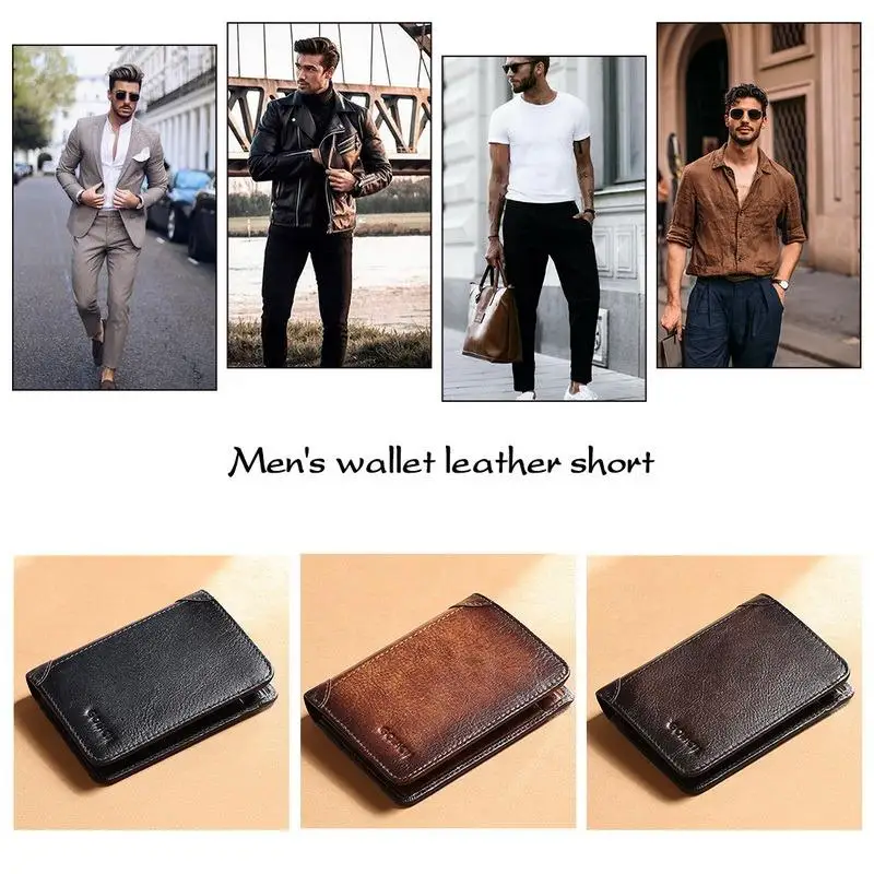 

Male Genuine Leather Wallets Men Fashion New Credit Business Rfid Card Holders Vintage Brown Leather Short Purses High Quality