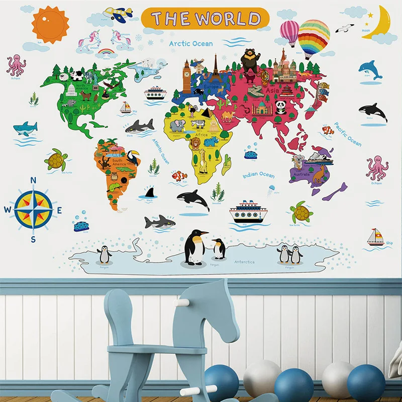 

Cartoon Animal World Seven Continents Wall Sticker Kindergarten Children's room Scene Layout Decoration Stickers 30*90cm 2Pcs